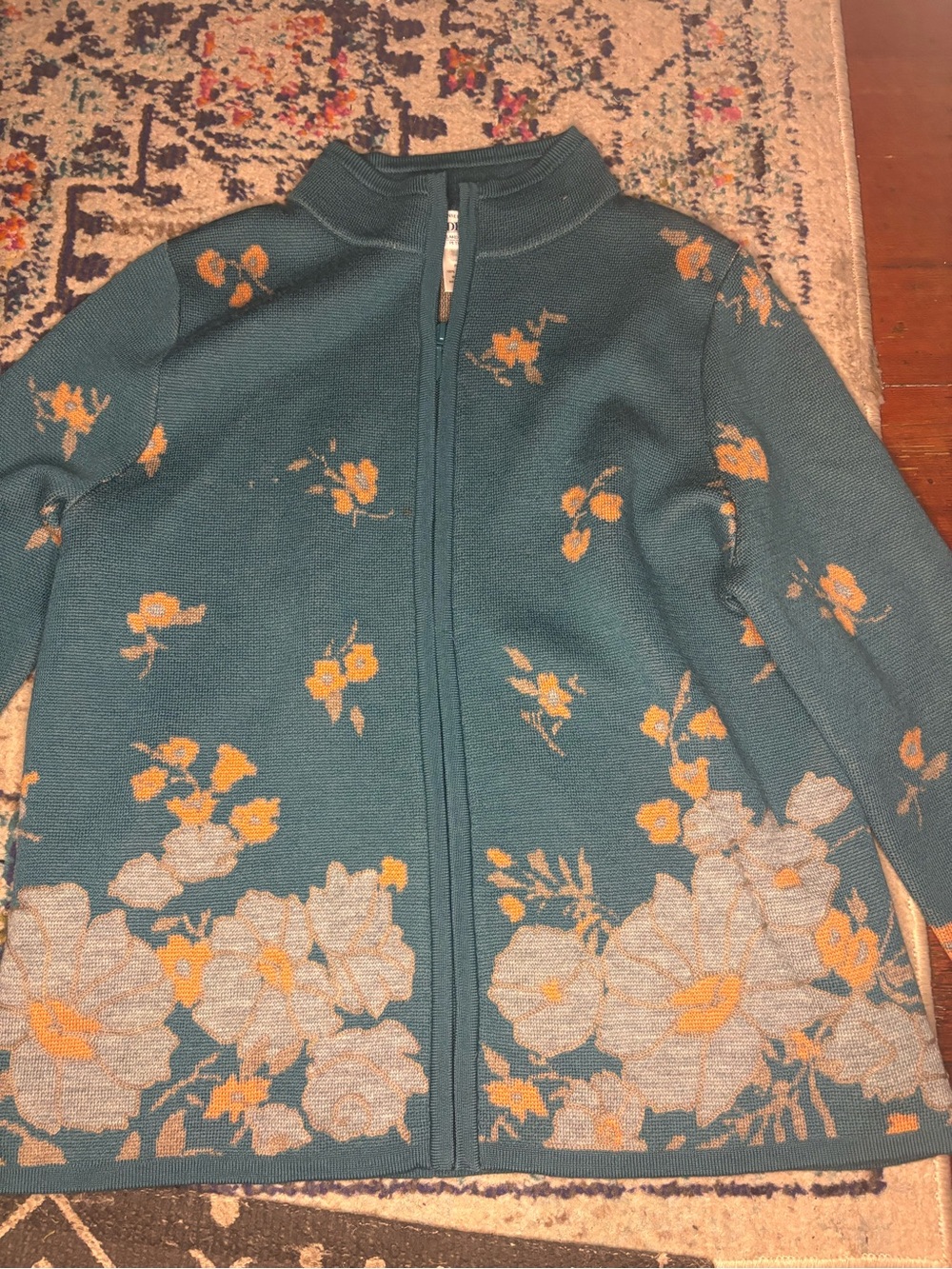 Pendleton 100% Merino Wool Floral Zip Cardigan Sweater Petite Small